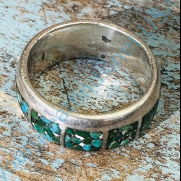 Vintage Smooth Sterling Silver Band Ring Turquoise Mosaic Size 9.5 - Picture 3 of 5